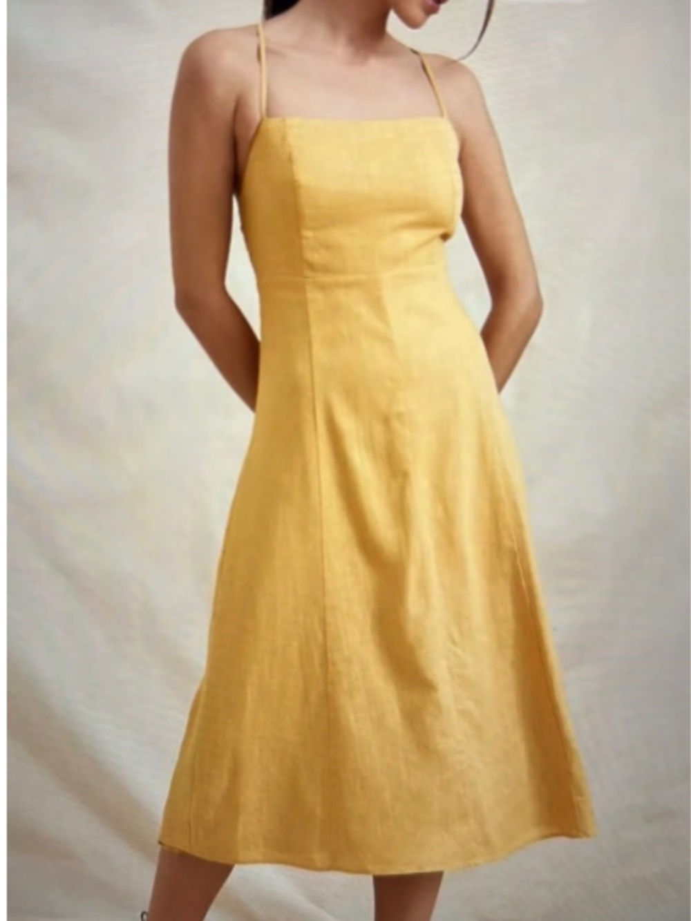Sunday in Brooklyn~Mustard Yellow Midi Dress w/ Tie Back~Cotton&Linen~Size Small